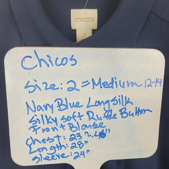Chicos Colbalt Blue Ruffle Front Silky Blouse Size 2 Medium 12-14 - Picture 14 of 14
